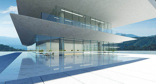 Modern office building with concrete and glass facade, minimalist style design, 3D rendering