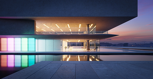 Modern architecture with a pool, concrete and glass facade, minimalist style design, 3D rendering