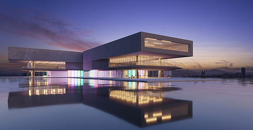 The modern buildings have colored gradient glass walls with a lake in front. 3D rendering