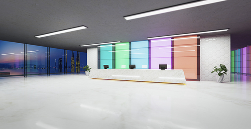Modern colored gradient glass walls reception lobby. Realistic 3d rendering
