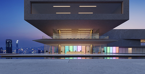 The modern buildings have colored gradient glass walls with a pond landscaping in front. 3D rendering