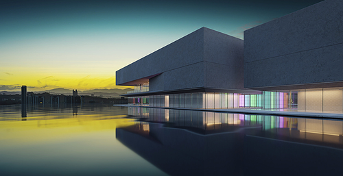 The modern buildings have colored gradient glass walls with a pond landscaping in front. 3D rendering