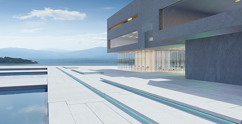 Modern architecture with a pond, concrete and glass facade, minimalist style design, blue skies, 3D rendering