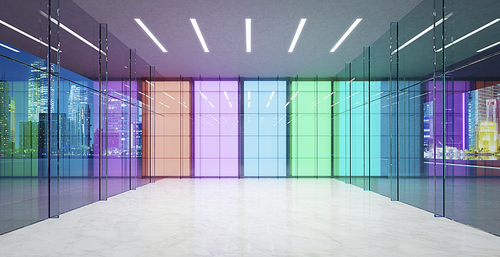 Modern colored gradient glass walls lobby waiting space. Realistic 3d rendering