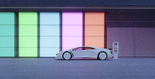 The electric sports car is parked and charged outside the glass facade with a color gradient design. 3D realistic rendering