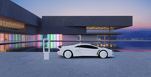 The electric sports car is parked and charged outside modern buildings have colored gradient glass walls with a pond landscaping in front. 3D realistic rendering
