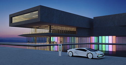The electric sports car is parked and charged outside modern buildings have colored gradient glass walls with a pond landscaping in front. 3D realistic rendering