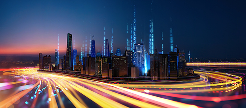 Abstract speed light flow through the city with gradient and aesthetic Intricate lighting design ,Smart city and big data connection technology concept. 3D rendering