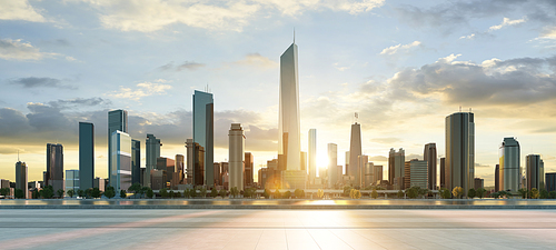 Modern city with a beautiful sunrise view and empty floor in front. 3d rendering