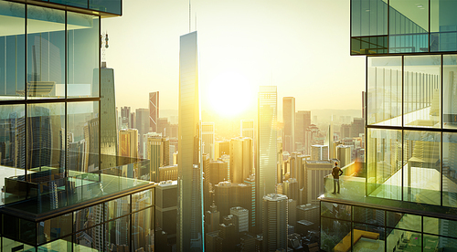 Young business man standing in the balcony watching the modern city sunrise view. Business successful ambition concept. 3d rendering