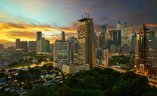 Aerial sunset view of beautiful Kuala Lumpur city skyline. Malaysia