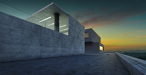 Perspective view of empty floor with modern building exterior.  evening scene. Photorealistic 3D rendering.