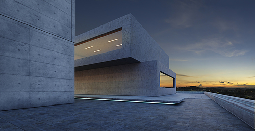 Perspective view of empty floor with modern building exterior.  evening scene. Photorealistic 3D rendering.
