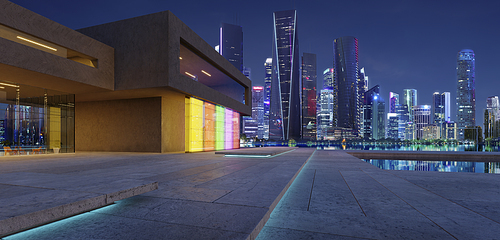 The city skyline is illuminated in the night, a breathtaking panoramic view of built structures and architecture. 3d rendering