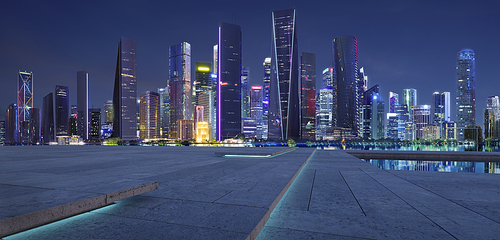 An illuminated city skyline of towering skyscrapers stretching across a panoramic metropolitan landscape, creating an awe-inspiring architectural landmark. 3D rendering