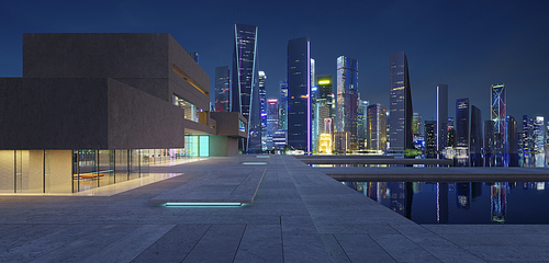 Facades of modern buildings in the business district at night. 3d rendering