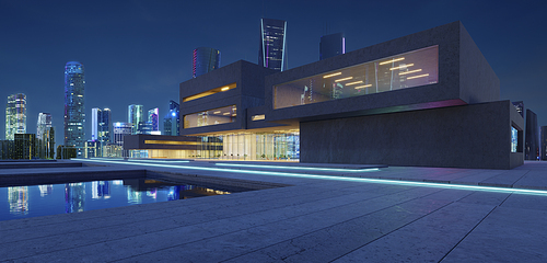 Facades of modern buildings in the business district at night. 3d rendering