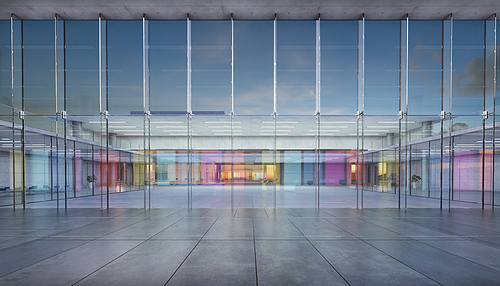 Modern glass wall commercial buildings lobby hall. Realistic 3d rendering