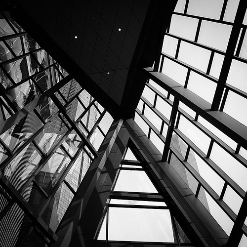 Black and white photo of abstract modern architecture of the building