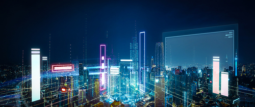 Panoramic view of a modern city at night, enhanced by glowing virtual data structures, including graphs and interface elements.Concept of a smart city where technology and urban life seamlessly integrate. 3D render