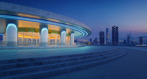 Horizontal view of empty cement floor with modern round shape design building exterior. Night scene. Photorealistic 3D rendering.