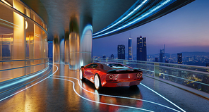 An unbranded luxury sports car is parked outside the office with stunning views of the city skyline. 3D rendering