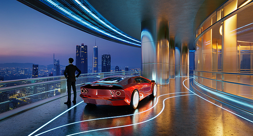 Businessman standing next to luxury sports car admiring city skyline. 3D rendering