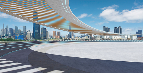 Perspective view of empty concrete floor with cement staircase and wood strip roof decoration. 3d rendering. Mixed media.