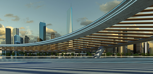 Perspective view of empty concrete floor with cement staircase and wood strip roof decoration. 3d rendering. Mixed media.