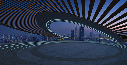 A city skyline view at night from the top of a building, showing illuminated skyscrapers, street lights, traffic, and a bustling urban environment.3D rendering