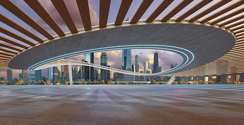 Modern pavilion with a spiraling rooftop set against a cityscape during the blue hour. 3D render