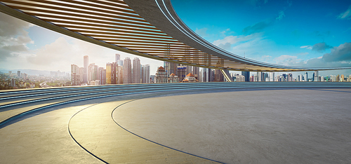 Wide-angle view of a modern observation deck overlooking a city skyline during sunset. 3D render