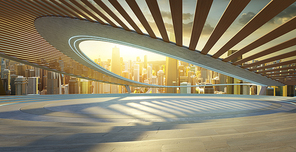 Futuristic wooden terrace with a panoramic view of the urban skyline during golden hour. 3D render