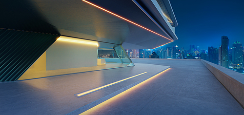 Wide-angle view of futuristic city building with illuminated lights against the evening sky. 3D render