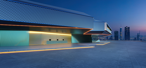 Panoramic view of a modern building facade against a city skyline during dusk. 3D render