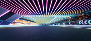 Empty modern racing circuit illuminated with vibrant led lights under a dusk sky. 3D render