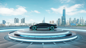 Sleek EV concept vehicle showcased on an illuminated high-tech stage with city background. 3d rendering