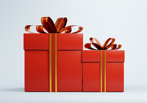 3d rendering of two red gift boxes with golden ribbon bows, creating a festive christmas atmosphere