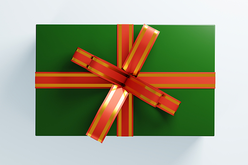 Green christmas gift box with red and gold ribbon bow is lying on a white background. 3D rendering