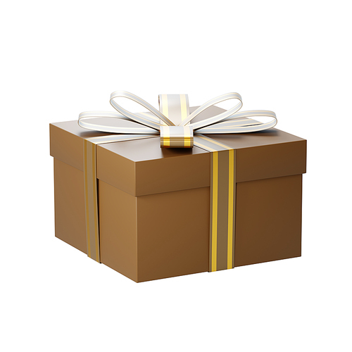 Brown gift box with golden ribbon and bow, perfect for christmas or any special occasion. 3D rendering