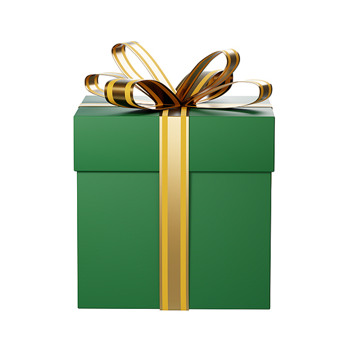 3d rendering of a green gift box with golden ribbon and bow, isolated on white background, perfect for christmas themes