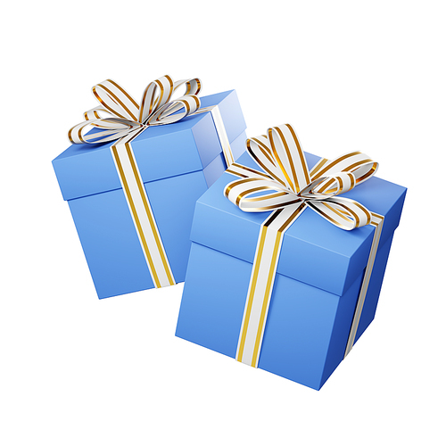 3d rendering of two light blue gift boxes with gold and white ribbons, perfect for christmas or any special occasion