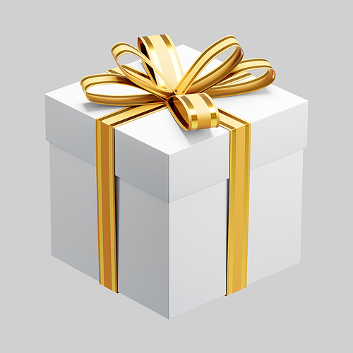 3d rendering of a white gift box with golden ribbon, ideal for christmas projects