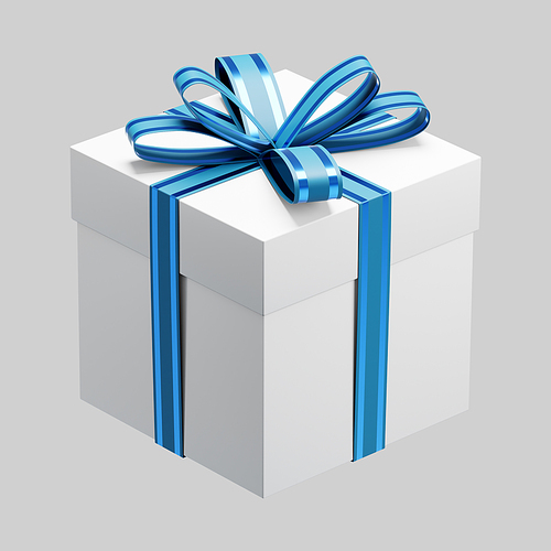 White closed gift box with blue ribbon bow on gray background, perfect for christmas or birthday. 3D rendering