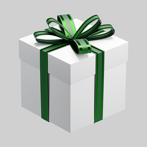 Closed white gift box with green ribbon bow, perfect for christmas and holiday season. 3D rendering