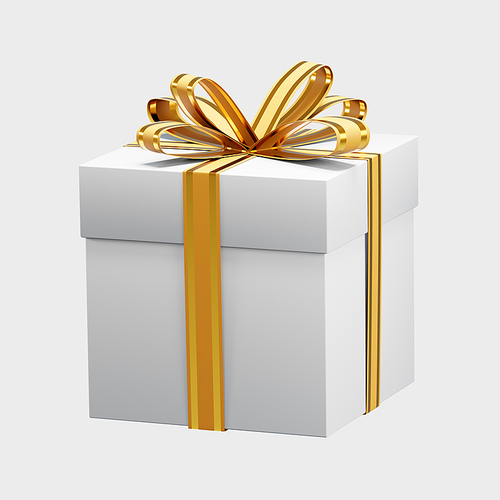 White gift box wrapped with a golden ribbon bow, perfect for christmas presents and festive celebrations. 3D rendering