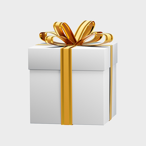 3d rendering of a white gift box with a golden ribbon bow, perfect for christmas or any special occasion