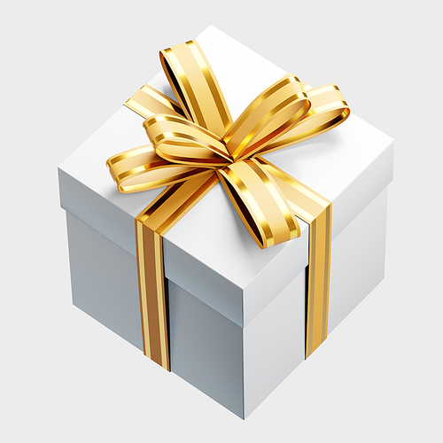 White gift box wrapped with a golden ribbon bow, creating a festive atmosphere for christmas celebrations. 3D rendering