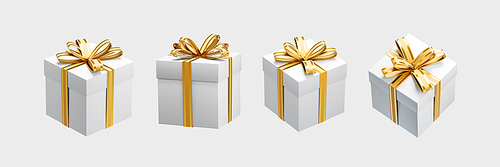 3d rendering of four white gift boxes with golden ribbons, perfect for christmas or any special occasion