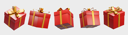 3d rendering of five red gift boxes with golden ribbons rotating on a white background, perfect for christmas or birthday visuals